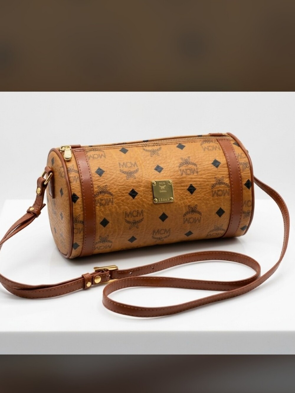 MCM Visetos Barrel Crossbody in Cognac Brown with Gold Hardware